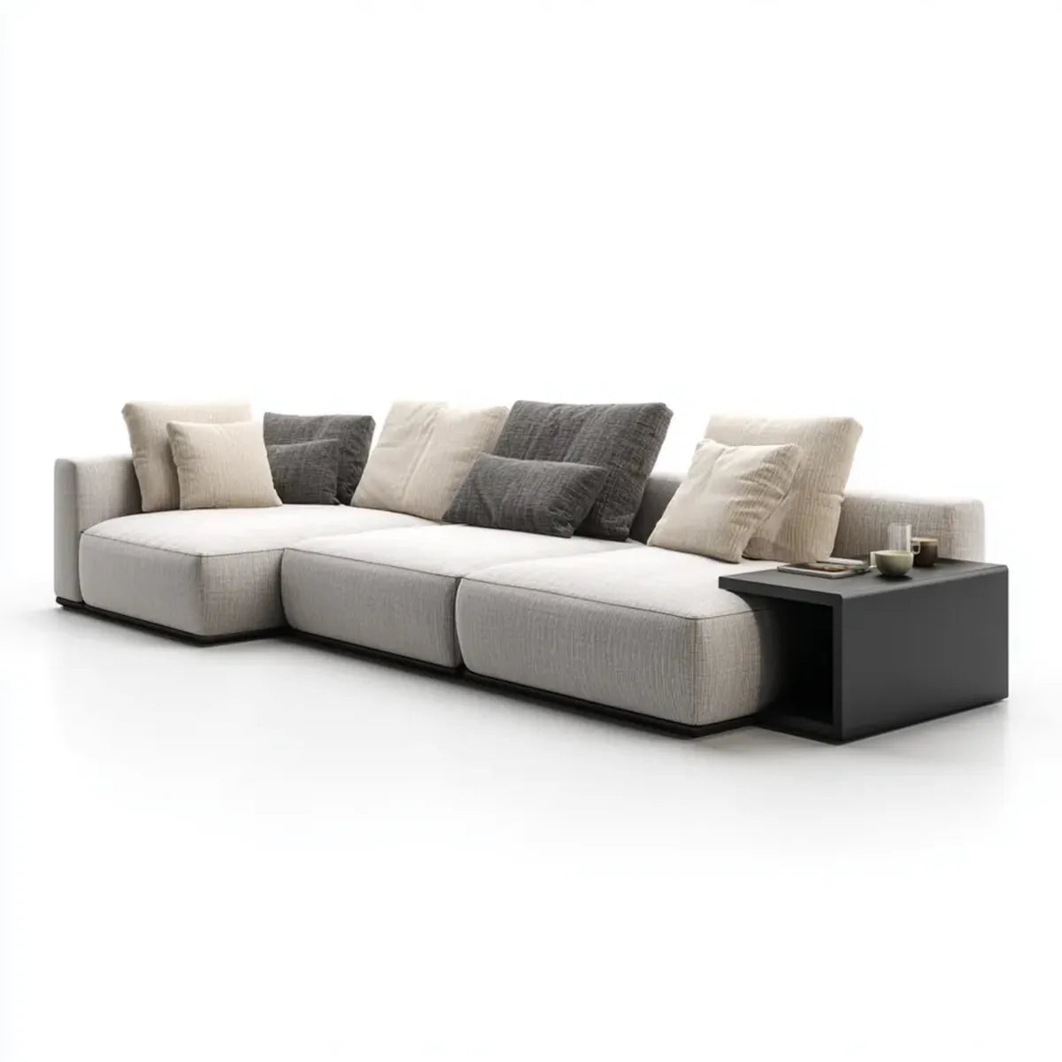 Canapé droit 3 places beige avec table d'appoint noire 320 x 100 x 72 cm en polyester forme rectangulaire
