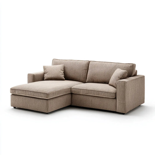 Canapé d'angle gauche 3 places taupe en polyester côtelé avec méridienne 240 x 160 x 85 cm
