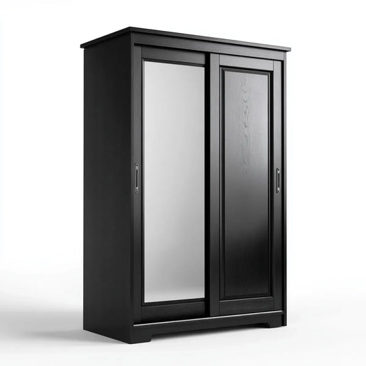 Armoire de chambre à coucher noire 120 x 60 x 200 cm en panneaux MDF avec 2 portes coulissantes dont miroir