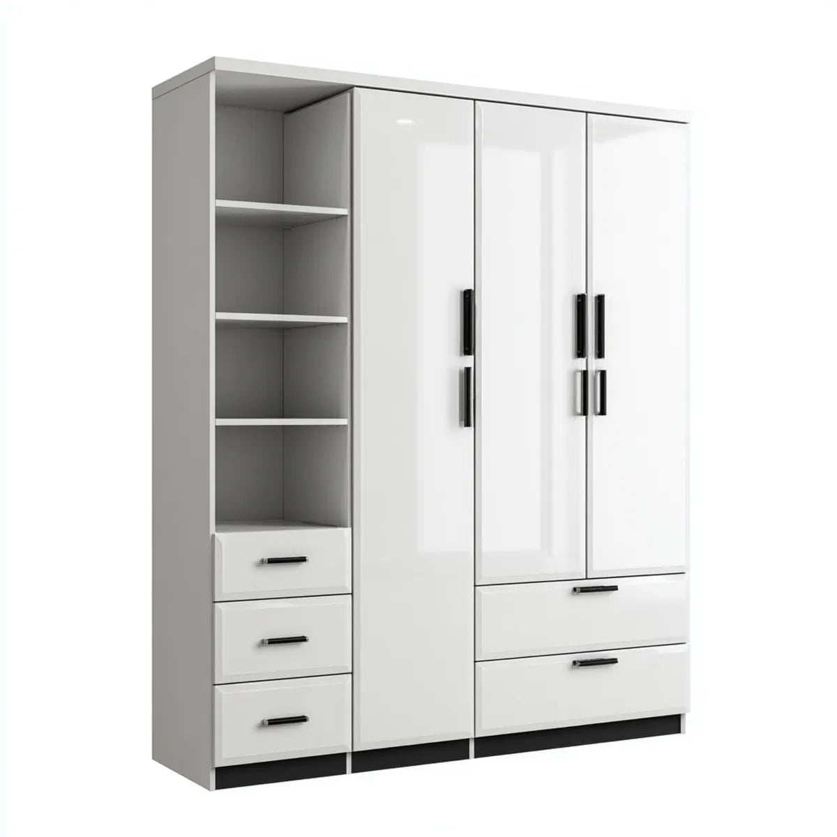 Armoire de chambre 3 portes 5 tiroirs blanche brillante 180 x 52 x 200 cm en panneaux de particules rectangulaire