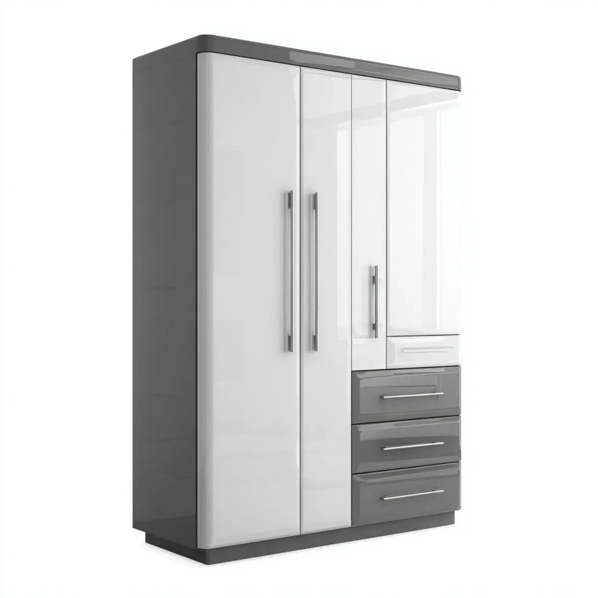 Armoire de chambre 4 portes 3 tiroirs blanc gris brillant en panneaux MDF 120 x 52 x 190 cm