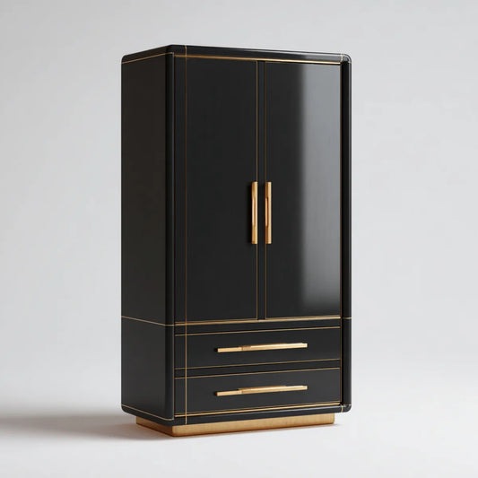 Armoire de chambre 2 portes 2 tiroirs noire et dorée en panneaux MDF 90 x 50 x 180 cm rectangulaire