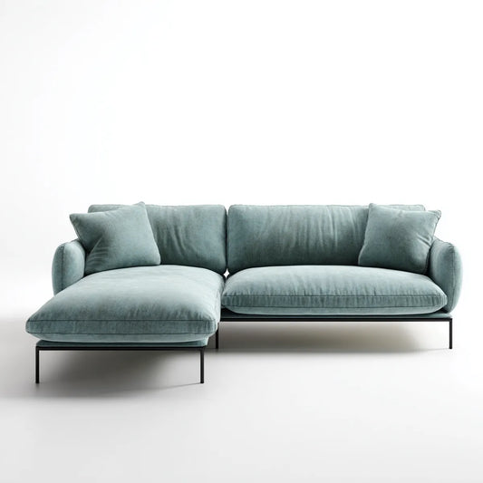 Canapé d'angle gauche 3 places vert gris en velours de polyester avec méridienne 255 x 160 x 82 cm