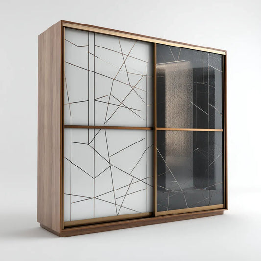 Armoire coulissante 2 portes noyer verre blanc noir 200 x 60 x 220 cm rectangulaire