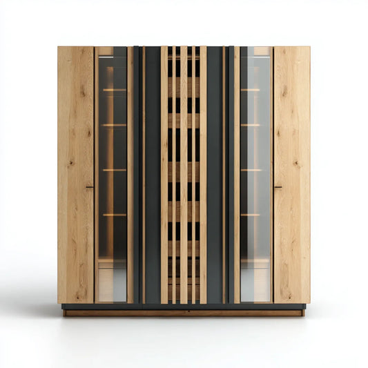 Armoire de chambre 6 portes chêne naturel et noir avec verre fumé 200 x 60 x 220 cm