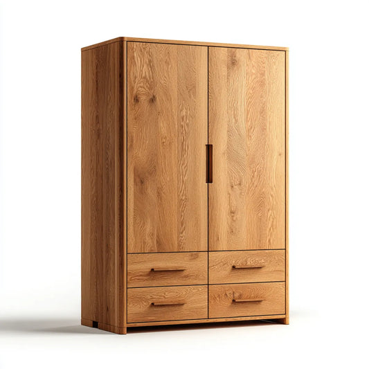Armoire de chambre 2 portes 4 tiroirs chêne naturel 100 x 60 x 200 cm en panneaux MDF plaqués chêne rectangulaire